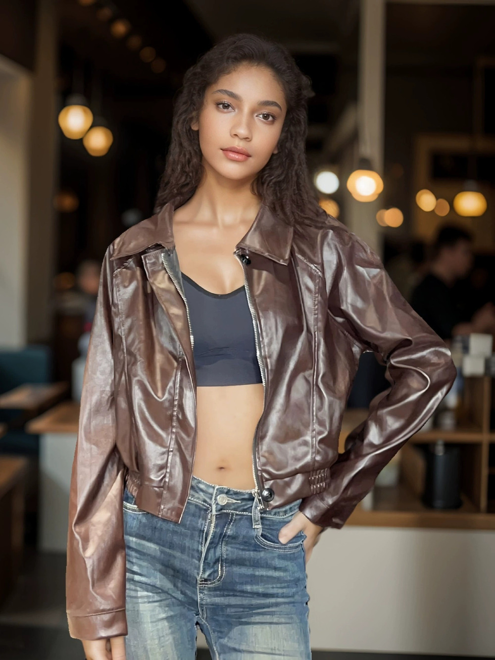 Zara Fall Maillard Leather Open Front Moto Jacket Casual